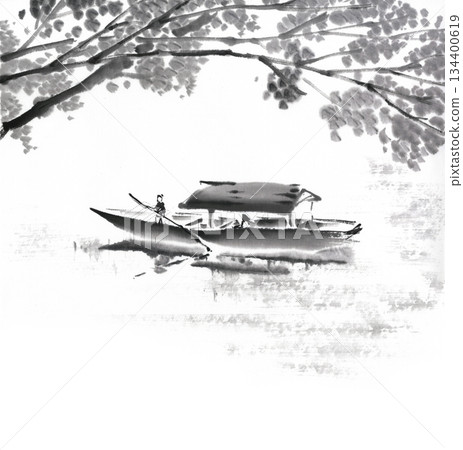 一艘小船，船上有一位船夫 134400619