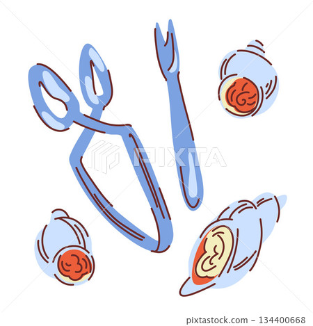 Set with escargot tongs and stuffed snail shells for eating, clam fork Set with escargot tongs and stuffed snail shells for eating, clam fork 134400668