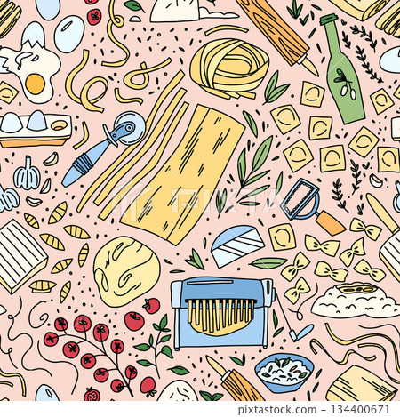 Hand-Drawn Italian Pasta Making Ingredients and Tools Background, Italian Pasta Ingredients Hand-Drawn Italian Pasta Making Ingredients and Tools Background, Italian Pasta Ingredients 134400671