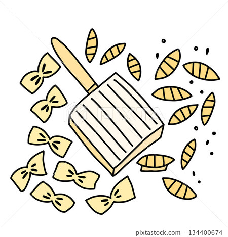 Composition with a board for Italian gnocchi among farfalle and gnocchi pasta Composition with a board for Italian gnocchi among farfalle and gnocchi pasta 134400674