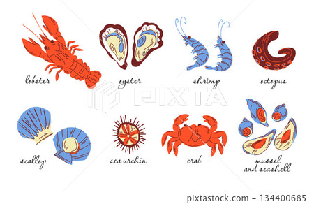 Hand drawn seafood collection with captions, poster for interior, design for decoration 134400685