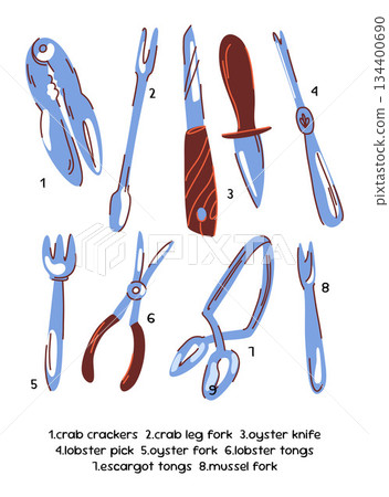 Large set of cutlery utensils for seafood, knives, tongs, forks and picks for crab, lobster, mussels 134400690