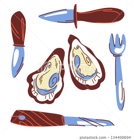 A composition with oysters and oyster eating utensils. Oyster knives, a shellfish fork 134400694