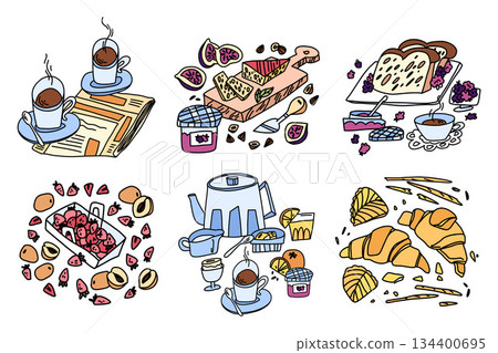 A large collection of European breakfast. Pastries, toast, tea, eggs, fruits, jams in a doodle style A large collection of European breakfast. Pastries, toast, tea, eggs, fruits, jams in a doodle style 134400695