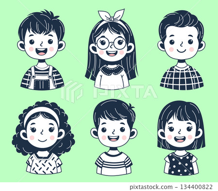 Collection avatars of children outline. Cute faces of different nationalities boys and girls Collection avatars of children outline. Cute faces of different nationalities boys and girls 134400822