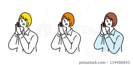 Upper body illustration of a young woman apologizing "I'm sorry" 134400843