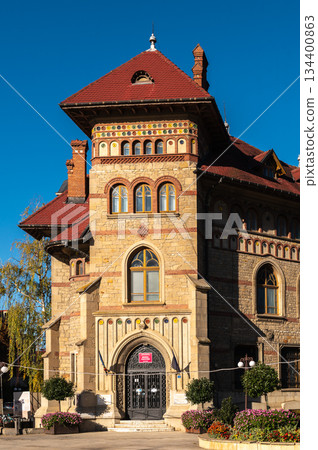 Detailed close-up of historical Casa Ceaushu architecture Piatra Neamt 134400863