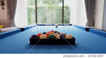 Pool table ready for a fun game at a party 134401007
