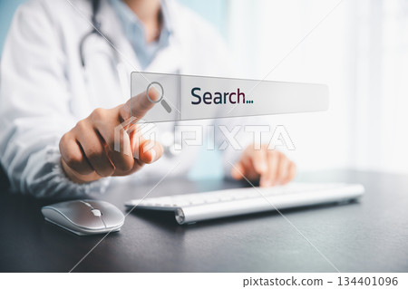 A medical professional interacting with a virtual search bar on a digital interface, symbolizing online medical information, healthcare technology, digital research, modern medical data searching. 134401096