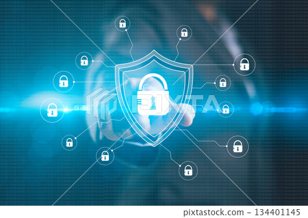 Digital shield lock icon connected across network nodes binary code background represent cybersecurity data protection secure infrastructure encrypted access advanced defense modern enterprise systems Digital shield lock icon connected across network nodes binary code background represent cybersecurity data protection secure infrastructure encrypted access advanced defense modern enterprise systems 134401145
