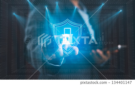 Digital shield with lock icon over binary code background represents cybersecurity, data protection, secure system, information privacy advanced technology solutions modern business online security Digital shield with lock icon over binary code background represents cybersecurity, data protection, secure system, information privacy advanced technology solutions modern business online security 134401147