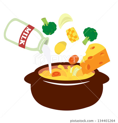 Illustration of making cream stew in a clay pot 134401264