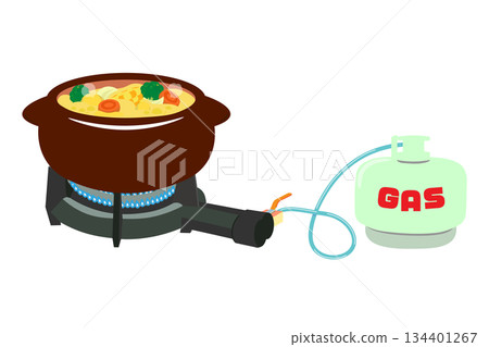 Illustration of cream stew made in a clay pot on a cast iron stove 134401267