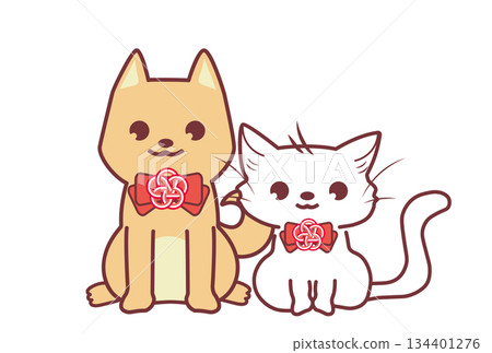 一幅描繪小狗和小貓坐在日式花結絲帶旁的插圖 134401276