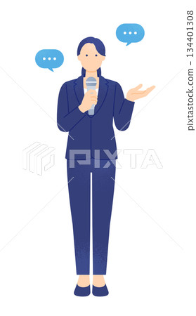 A woman giving a speech at an event or lecture. Vector illustration of a lecturer speaking with a microphone. A woman giving a speech at an event or lecture. Vector illustration of a lecturer speaking with a microphone. 134401308