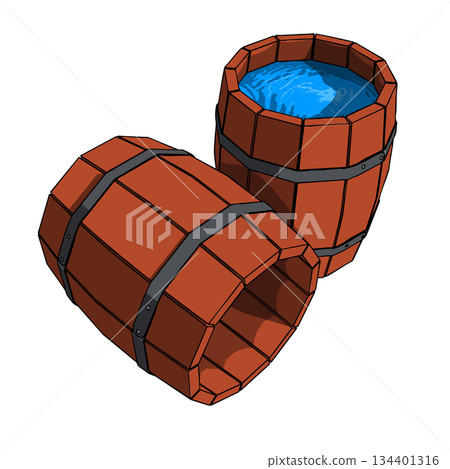Wooden Old Vintage Empty and filled by Water Barrel. Vector Illustration. 134401316