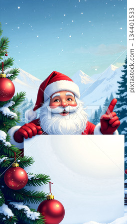 聖誕老人手持白板,背景是白雪皚皚的山脈。 聖誕老人手持白板,背景是白雪皚皚的山脈。 134401533