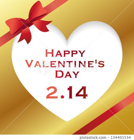紅色絲帶和心形相框，上面寫著「情人節快樂 2.14」。 134401534