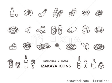 Izakaya food and drink icon set (monochrome) Izakaya food and drink icon set (monochrome) 134401538