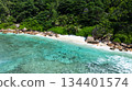 A calm beachfront with shallow turquoise waters and a backdrop of lush greenery. La Digue, Seychelles. 134401574