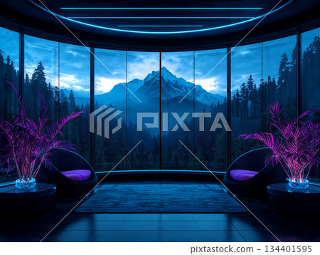 Sci-fi style room interior with panoramic window view of majestic mountains and forest, blue ambient light and purple neon plants, futuristic relaxation space concept, 3D illustration. Sci-fi style room interior with panoramic window view of majestic mountains and forest, blue ambient light and purple neon plants, futuristic relaxation space concept, 3D illustration. 134401595