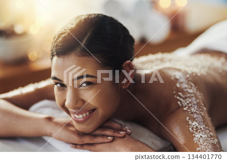 Happy woman, face and portrait at spa for back massage, skincare or beauty in body treatment. Calm female lying on bed in relax with smile for exfoliation, zen or physical therapy wellness at salon Happy woman, face and portrait at spa for back massage, skincare or beauty in body treatment. Calm female lying on bed in relax with smile for exfoliation, zen or physical therapy wellness at salon 134401770