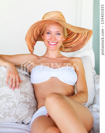 Relax, bikini and portrait of woman at hotel for sunbathing, summer break and tropical Bali vacation. Villa, resort and spa with girl lounge for wellness, travel destination and luxury on abroad trip Relax, bikini and portrait of woman at hotel for sunbathing, summer break and tropical Bali vacation. Villa, resort and spa with girl lounge for wellness, travel destination and luxury on abroad trip 134401935