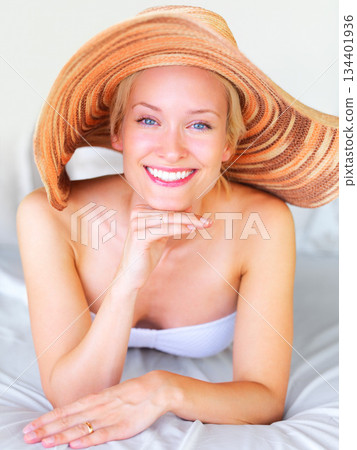 Relax, bikini and portrait of woman on sunbed at hotel for sunbathing, summer and tropical Bali vacation. Villa, resort and spa with girl lounge for wellness, travel destination and luxury on trip 134401936