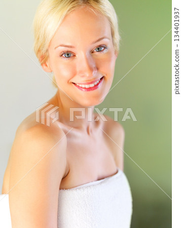 Skincare, beauty and portrait of woman in bathroom for shower, cleaning and hygiene. Wellness, luxury and cosmetology with face of girl and towel for dermatology, cosmetics and facial at home Skincare, beauty and portrait of woman in bathroom for shower, cleaning and hygiene. Wellness, luxury and cosmetology with face of girl and towel for dermatology, cosmetics and facial at home 134401937
