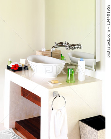 Empty room, sink and mirror in bathroom with interior design for luxury, villa and furniture with nobody. Airbnb, hotel and hospitality with washroom of resort for real estate, architecture and spa Empty room, sink and mirror in bathroom with interior design for luxury, villa and furniture with nobody. Airbnb, hotel and hospitality with washroom of resort for real estate, architecture and spa 134401958