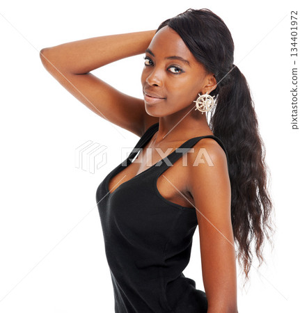 Black woman, portrait and hair extensions in studio for beauty, wig and confidence against white background. Face, weave and Nigerian girl relax, posing and satisfied with haircare while isolated Black woman, portrait and hair extensions in studio for beauty, wig and confidence against white background. Face, weave and Nigerian girl relax, posing and satisfied with haircare while isolated 134401972