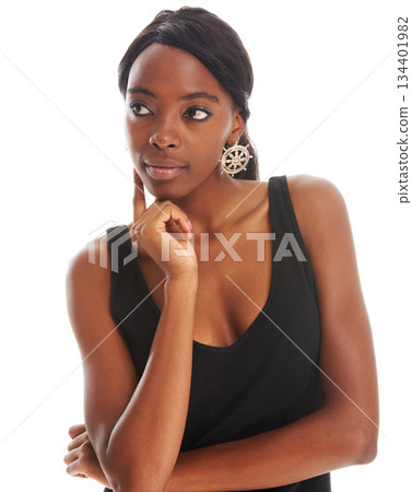 Isolated, thinking and idea with black woman in studio for question, cute and doubt. Idea, modern and thoughtful with girl standing isolated on white background for confused, young and curious 134401982