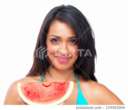 Happy woman, face and portrait with watermelon for healthy nutrition against a white studio background. Isolated young female person or model smiling with juicy fruit for food, diet or weight loss Happy woman, face and portrait with watermelon for healthy nutrition against a white studio background. Isolated young female person or model smiling with juicy fruit for food, diet or weight loss 134402004