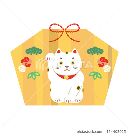 Maneki-neko and pine, bamboo and plum votive plaque illustration material 134402025