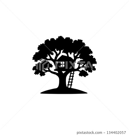 treehouse silhouette icon childhood playhouse ladder outdoor illustration 134402057