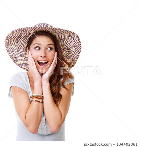 Woman, surprise and happy in studio with hat for summer, fashion or excited for holiday travel. Girl model, isolated or wow on face, smile or clothes on vacation with mockup space on white background 134402061
