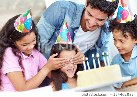 Birthday party surprise, cake and happy family, children and celebrate special event with friends, kids and dessert food. Celebration, father and excited group smile for youth growth of young child 134402082