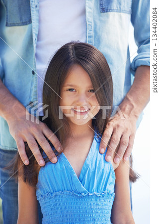 Smile, happy portrait and young child, girl or kid with hands of parents, father or dad for support, care and bonding. Youth development, childhood growth and daughter happiness for family love 134402084