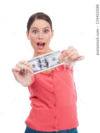 Winner, wow and money with portrait of woman for investment, success and growth. Cash, dollar and sale with face of girl customer isolated on white background for financial, deal and promotion 134402086