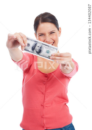 Finance, money and excited with portrait of woman for investment, success and growth. Cash, dollar and winner with face of girl customer isolated on white background for financial, deal and promotion 134402087
