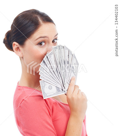 Winner, money and success with portrait of woman for investment, savings and growth. Cash, dollar and wow with face of girl customer isolated on white background for financial, deal and promotion 134402103