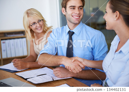 Business people, handshake and happy man meeting for deal, partnership and thank you to sales agreement. Collaboration, networking and shaking hands for contract, b2b opportunity and team consulting 134402131