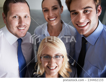 Portrait, happy business people and teamwork for professional collaboration, support and commitment together. Face, smile and group of confident employees, corporate partnership and pride about us 134402133