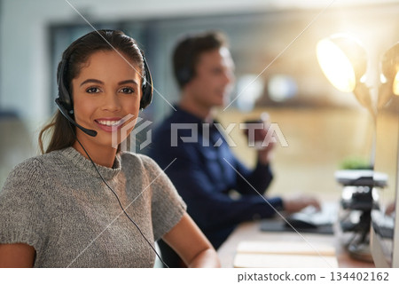 Call center, happy and portrait of woman at computer for customer service, help desk and consulting. Smile, night and ecommerce with employee in office for contact us, telemarketing and receptionist Call center, happy and portrait of woman at computer for customer service, help desk and consulting. Smile, night and ecommerce with employee in office for contact us, telemarketing and receptionist 134402162