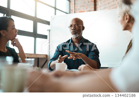 Meeting, business people and leadership of black man in office, talking or speaking. Teamwork, ceo and senior African male professional brainstorming, collaboration or planning group strategy at work Meeting, business people and leadership of black man in office, talking or speaking. Teamwork, ceo and senior African male professional brainstorming, collaboration or planning group strategy at work 134402186