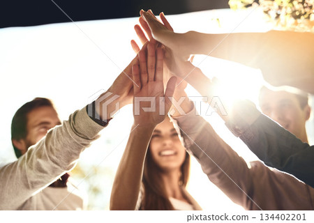 Business people, hands and high five for team motivation, winning or success in unity outdoors. Happy group touching hand for teamwork, victory win or collaboration in solidarity together in nature Business people, hands and high five for team motivation, winning or success in unity outdoors. Happy group touching hand for teamwork, victory win or collaboration in solidarity together in nature 134402201