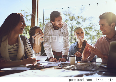Business, team and group in a meeting at a cafe, planning or brainstorming with conversation, partnership or collaboration. Staff, creative or coworkers share ideas, talking or teamwork in restaurant 134402212