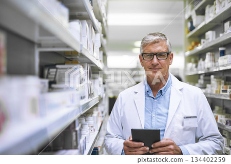 Pharmacy, portrait and senior man on digital tablet for stock, inventory and medical information notes. Medicine, checklist and face of elderly male pharmacist online for pills and prescription 134402259