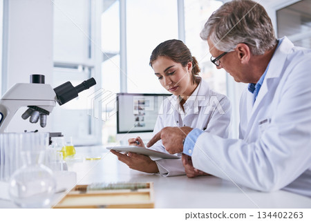 Scientist, tablet and team in forensic science looking at experiment results or collaboration at laboratory. Woman and man in medical research working on technology for scientific research in the lab 134402263