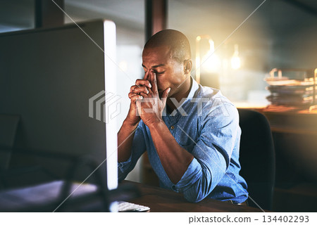 Black man in business, night and stress headache with computer glitch, software problem and burnout. Male professional with migraine, brain fog and working late, frustrated with 404 and crisis 134402293